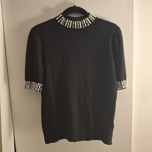 LIV Milano Elegant Black Short Sleeve Beaded Women's Sweater